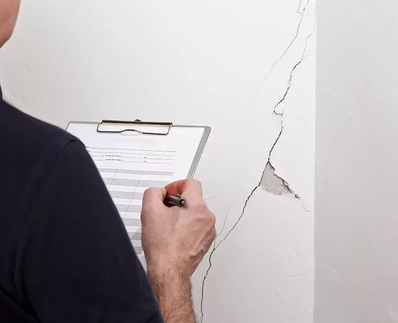 Worker with clipboard inspecting crack on wall